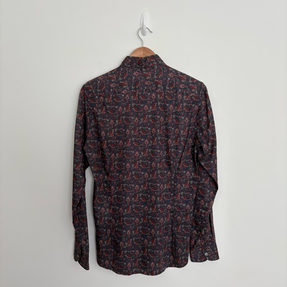 Ted Baker Mens Paisley Long Sleeve Shirt Size 2 36 Small Navy Blue Burgundy - Picture 2 of 13